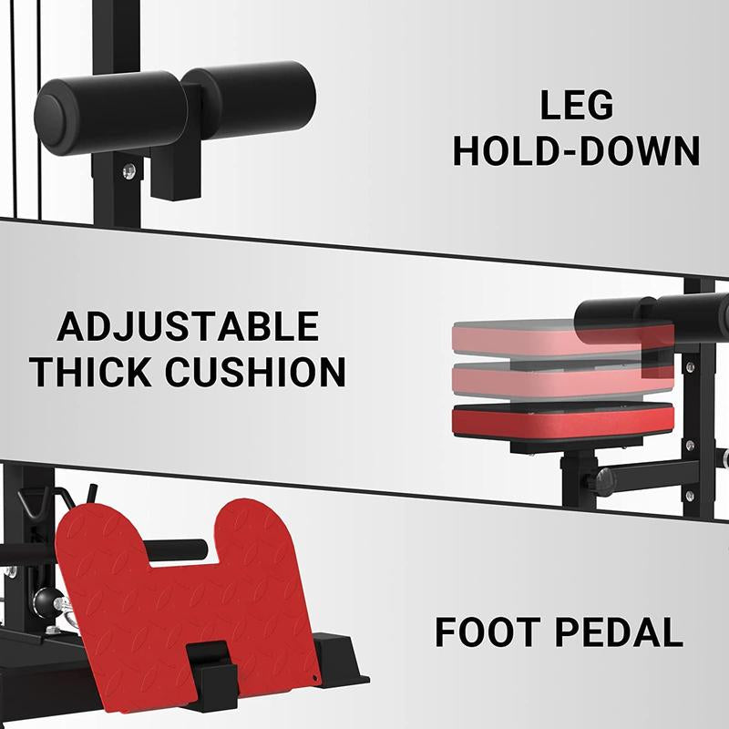 【Fathersdaygift】Lat Tower Fitness Equipment with Lat Pull Down, Lat Row, High & Low Pulley Station, Flip-Up Footplate, and AB Crunch Harness for Home Gym Barbell Clamps