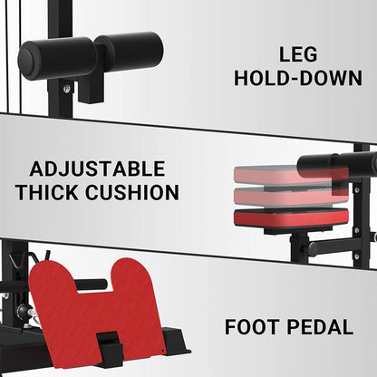 【Fathersdaygift】Lat Tower Fitness Equipment with Lat Pull Down, Lat Row, High & Low Pulley Station, Flip-Up Footplate, and AB Crunch Harness for Home Gym Barbell Clamps