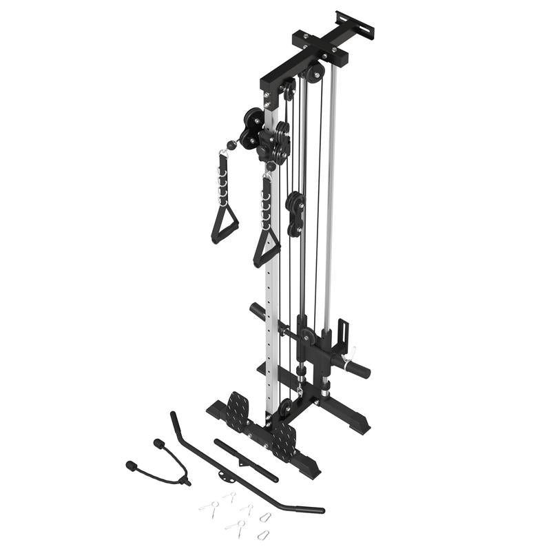 【Fathersdaygift】Lat Tower Fitness Equipment with Lat Pull Down, Lat Row, High & Low Pulley Station, Flip-Up Footplate, and AB Crunch Harness for Home Gym Barbell Clamps