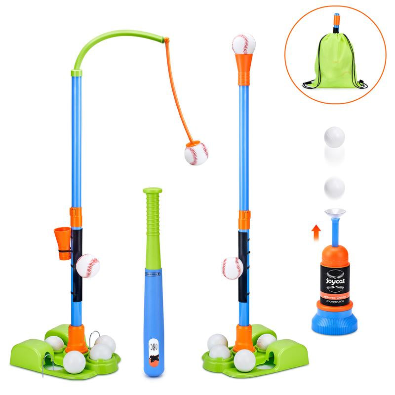 Joycat 3-In-1 T Ball Sets, Baseball Training Equipment with Tee Ball Stand, Hanging Tee, Ball Launcher, Outdoor Play, Adjustable Height Baseball Toys