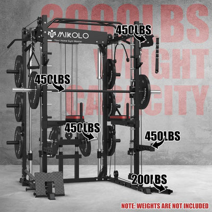 Mikolo Smith Machine: 2000LBS Multifunctional Squat Rack with LAT Pull Down, Cable Crossover, Dip/Leg Raise Attachments, and Band Pegs for Home Gym