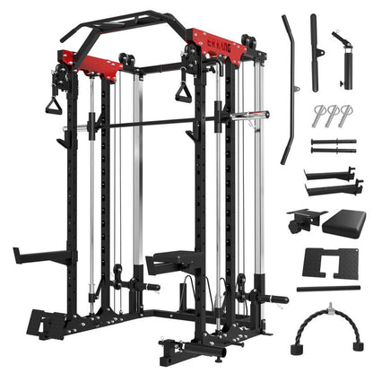 【Fathersdaygift】Power Rack, 2000LBS Squat Cage with Cable Crossover, Functional Trainer, LAT Pulldown, Multi-Function Weight Cage & Attachments for Home Gym Workout Equipment Barbell Bar